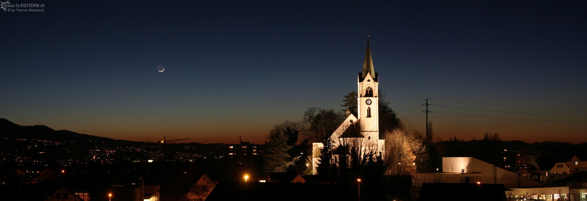 2008-02-08 - Panoramic Sundown with Moon and Church, Jona, Switzerland